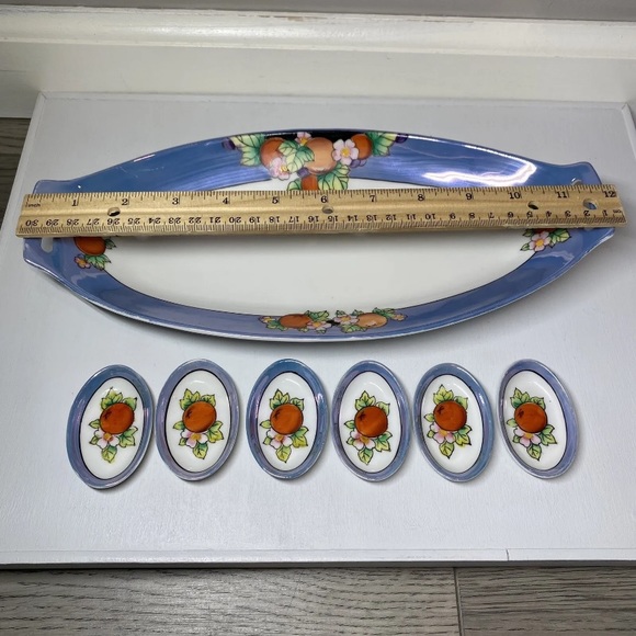 Noritake Lusterware Celery Dish & 6 Salt Dips Floral & Fruit Pattern, Japan Made - Picture 10 of 14